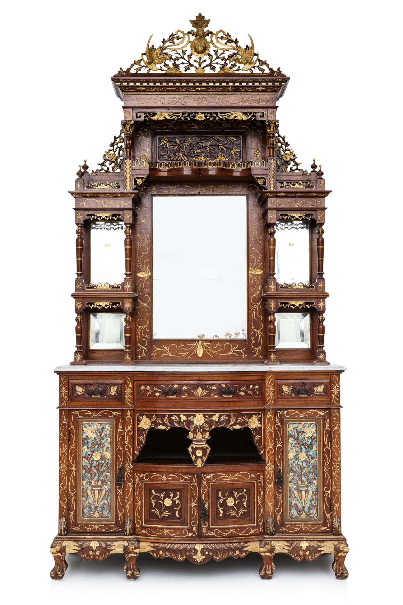 A LARGE GILT-TEAK AND MARBLE SIDEBOARD