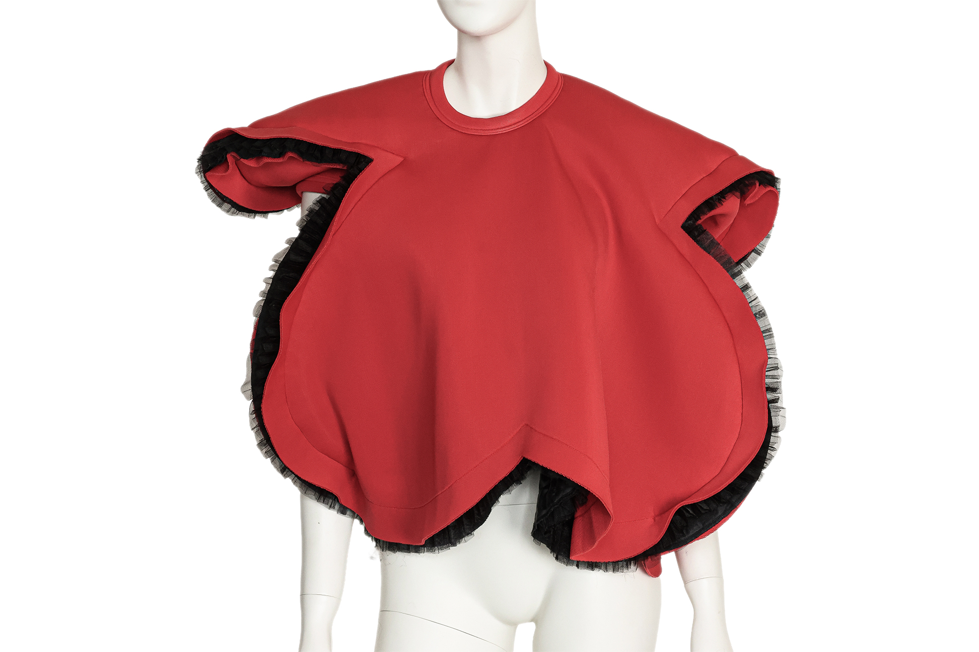 COMME DES GARÇONS - A RED SCALLOPED EDGE CAPE WITH LACE UNDERLAY, F/W 2018