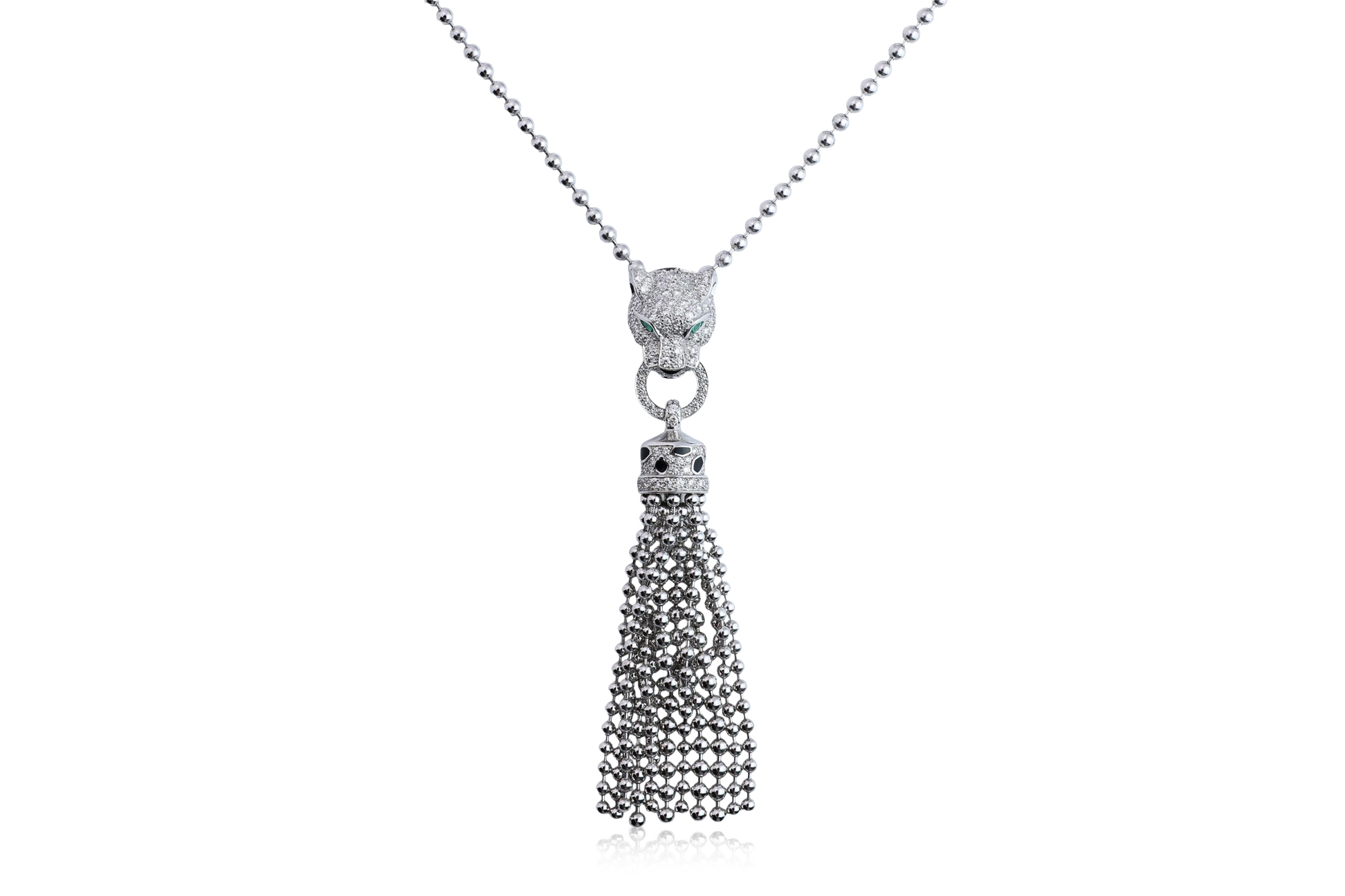 CARTIER 'PANTHÈRE' EMERALD, ONYX AND DIAMOND PENDANT TASSEL NECKLACE