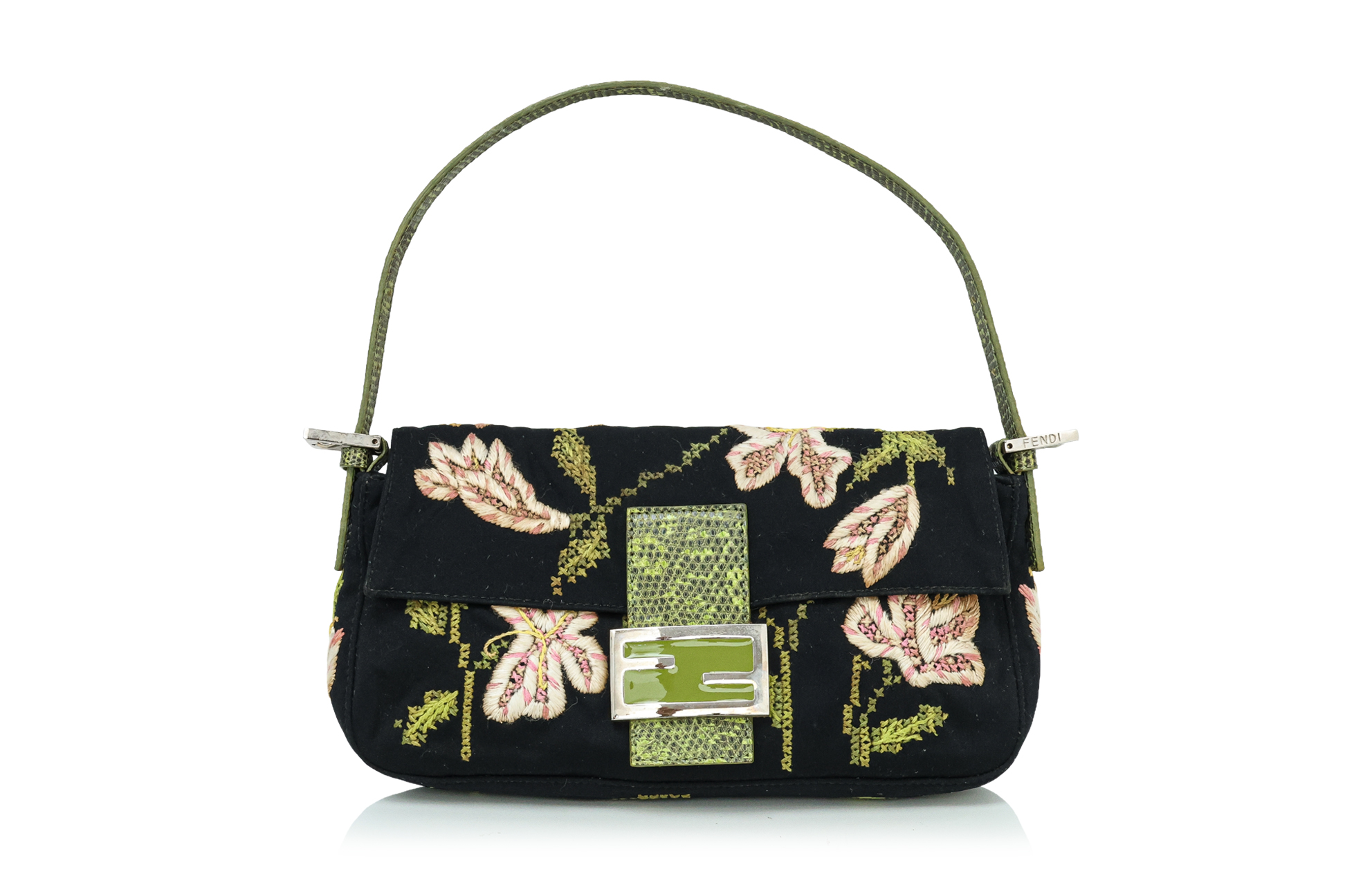 FENDI - A BLACK FLORAL EMBROIDERED BAGUETTE HANDBAG