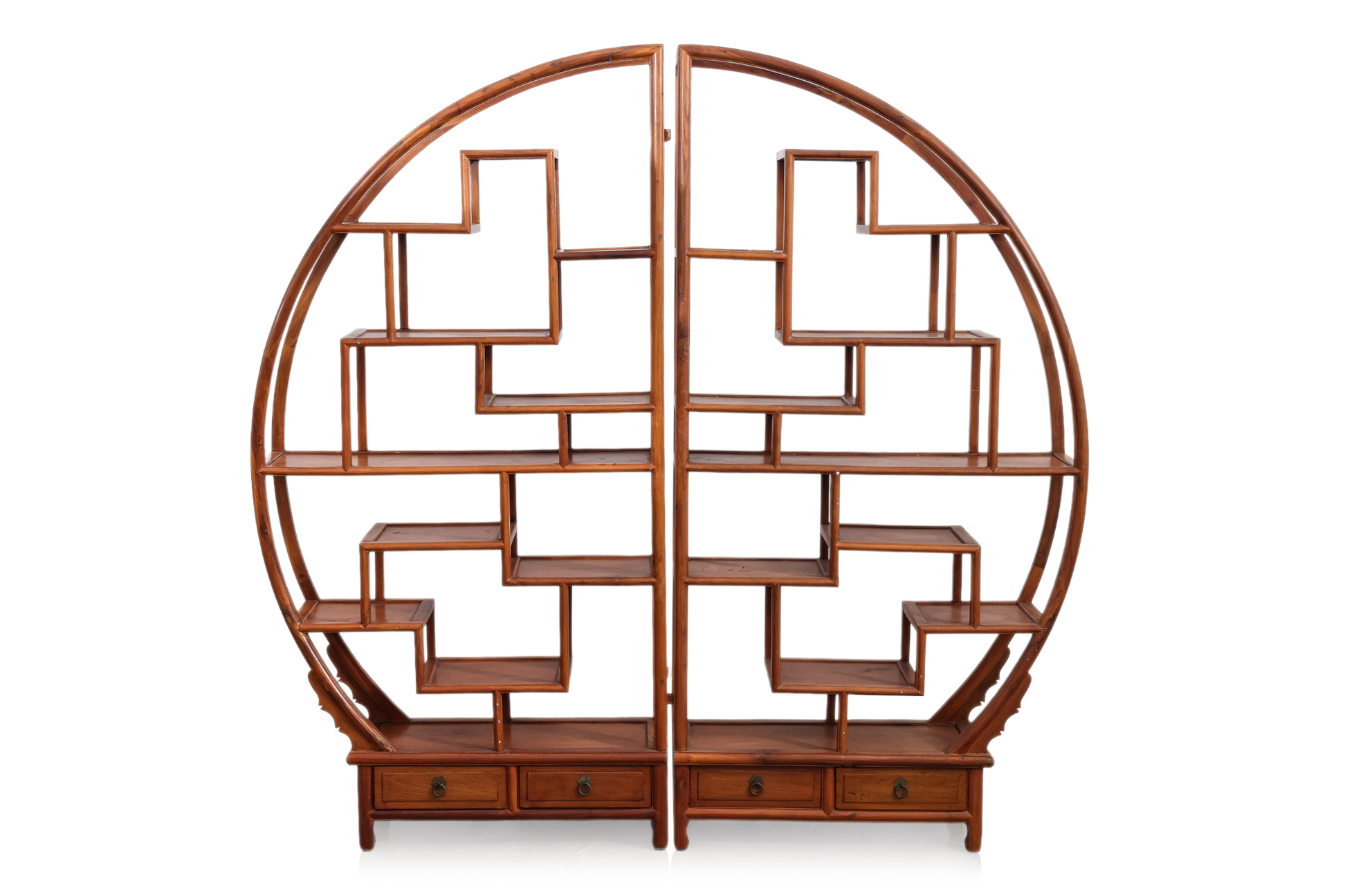 A LARGE WOODEN DISPLAY SHELF