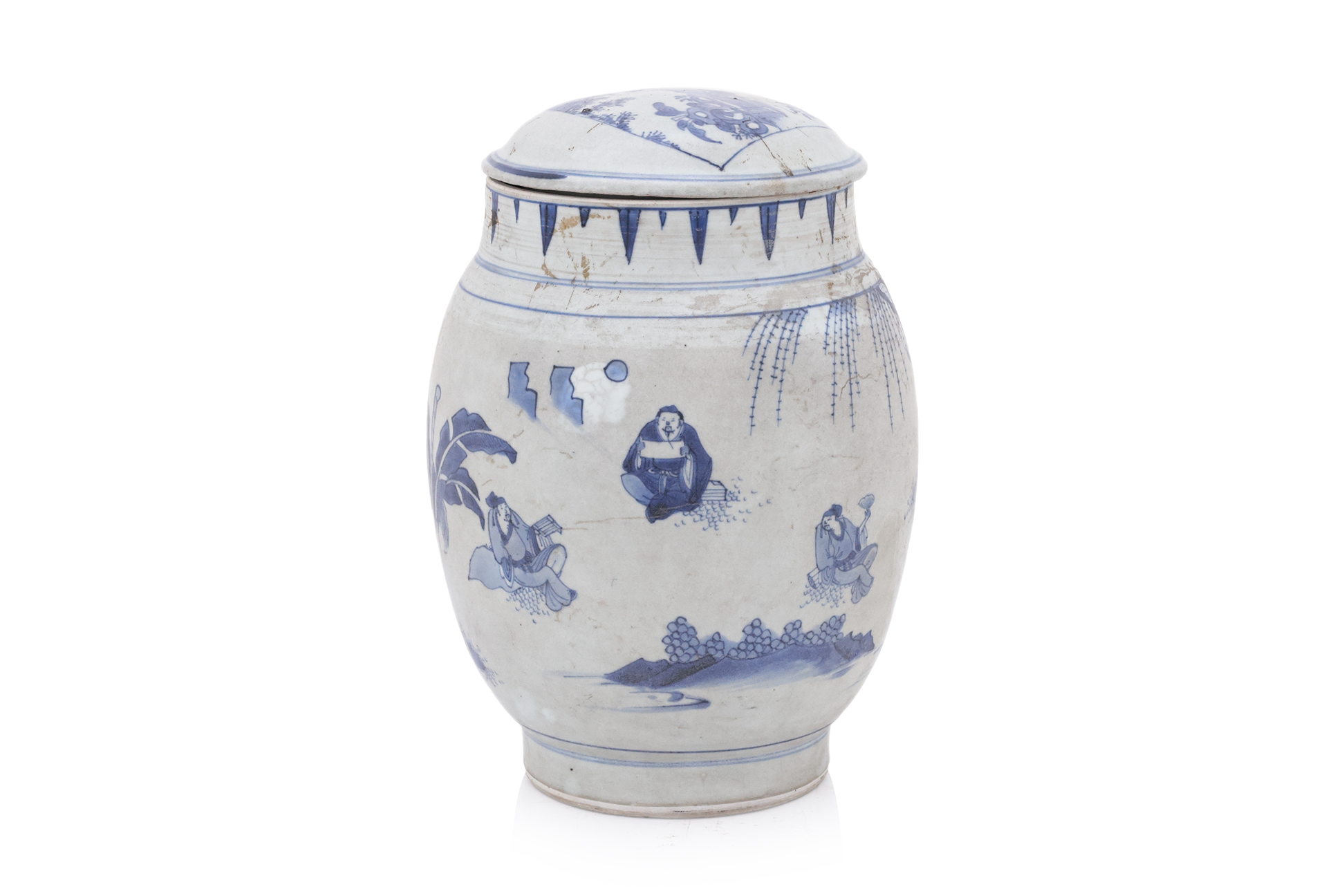 A BLUE AND WHITE PORCELAIN LANTERN JAR AND COVER