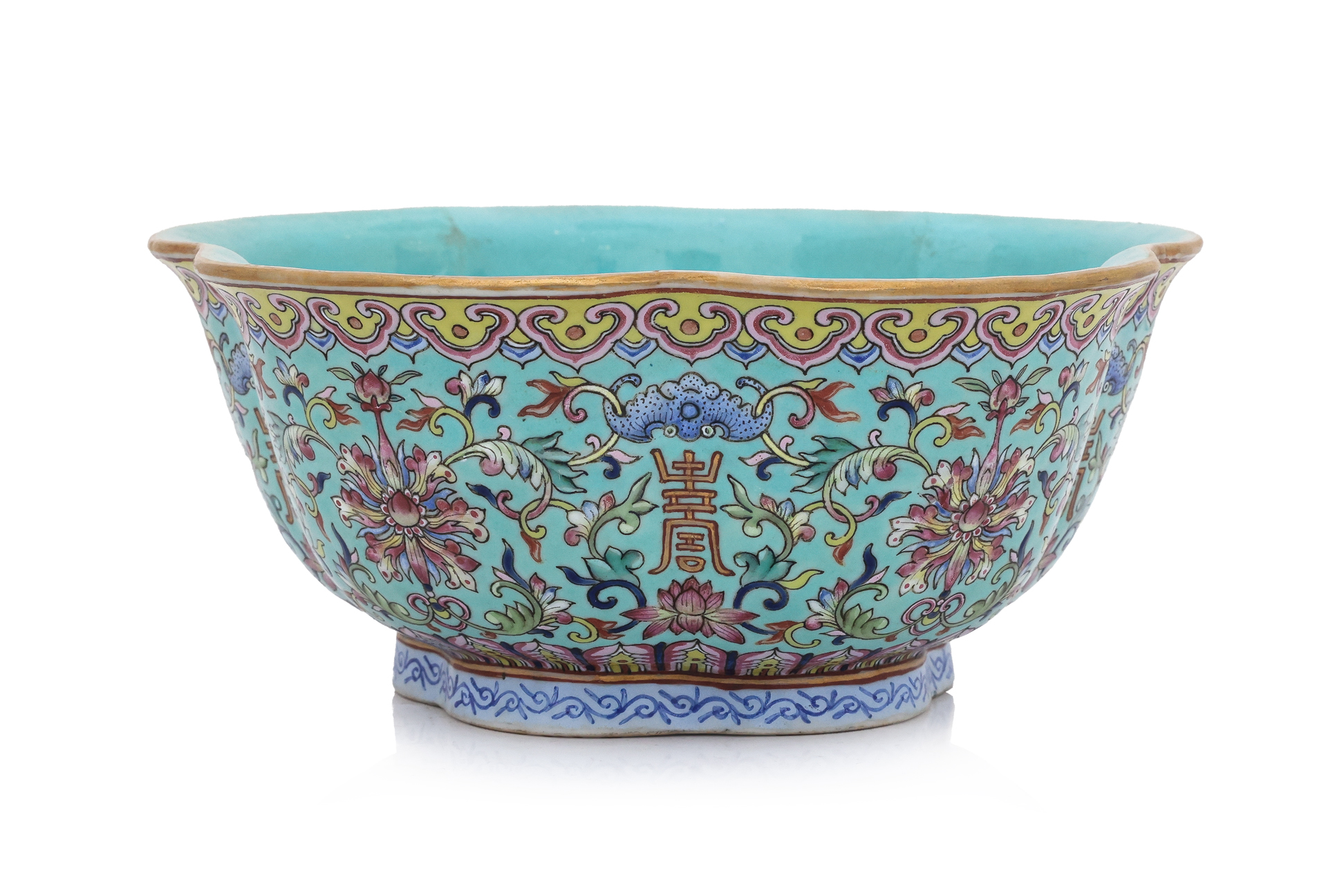 A FAMILLE ROSE TURQUOISE-GROUND LOTUS BOWL