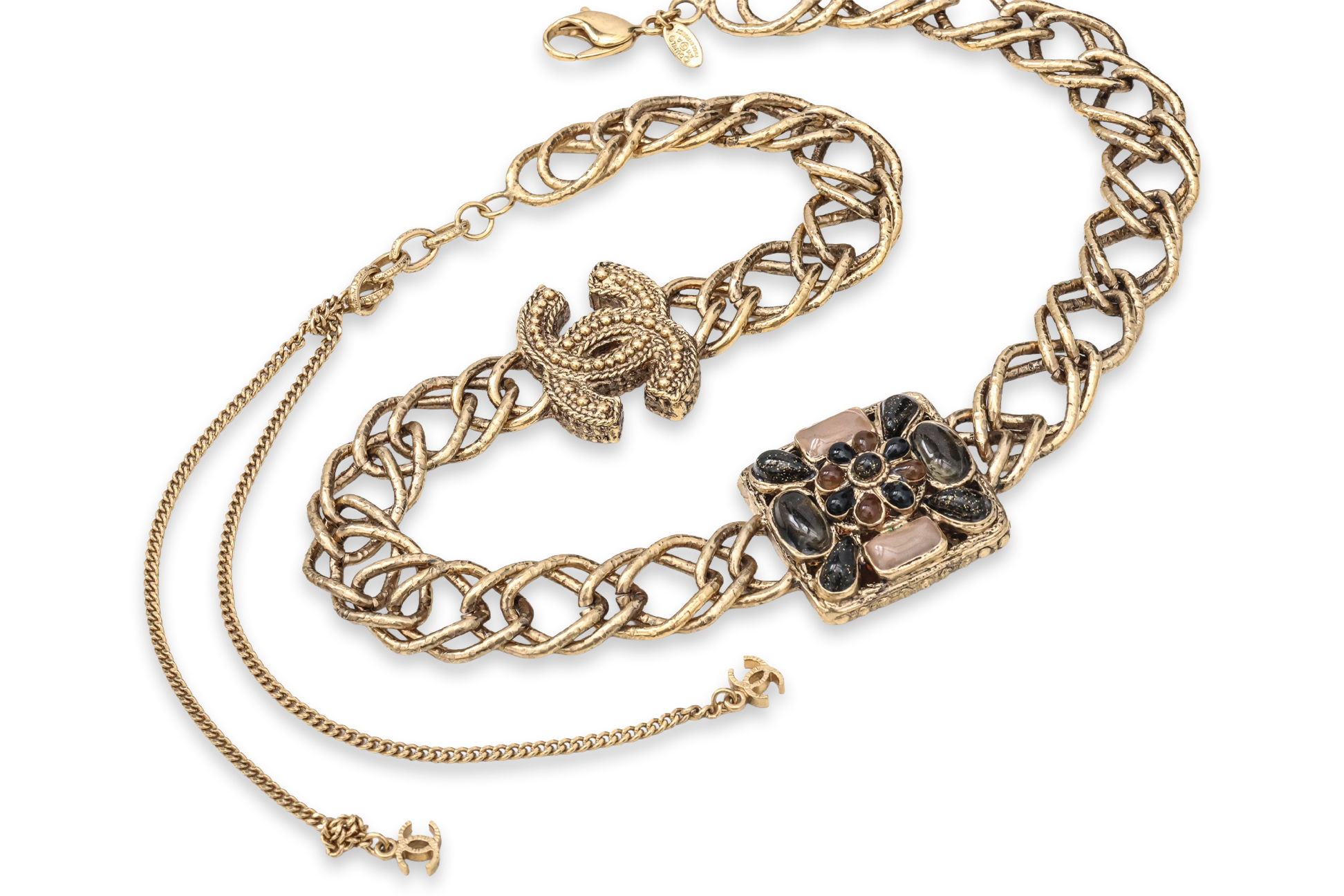 CHANEL - A GOLD-TONE AND BLACK ENAMEL CHAIN NECKLACE