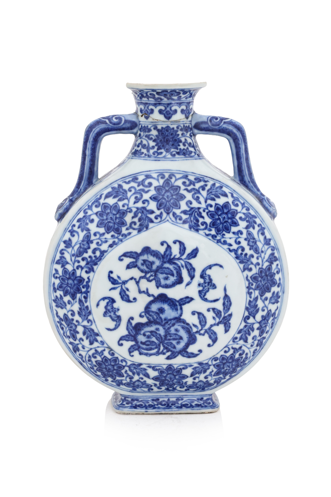 A BLUE AND WHITE BATS AND PEACHES PORCELAIN MOONFLASK