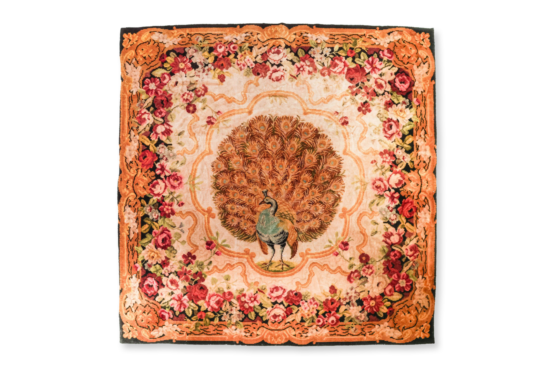 A PEACOCK DECORATED 'IRISH CARPET' TEXTILE PANEL