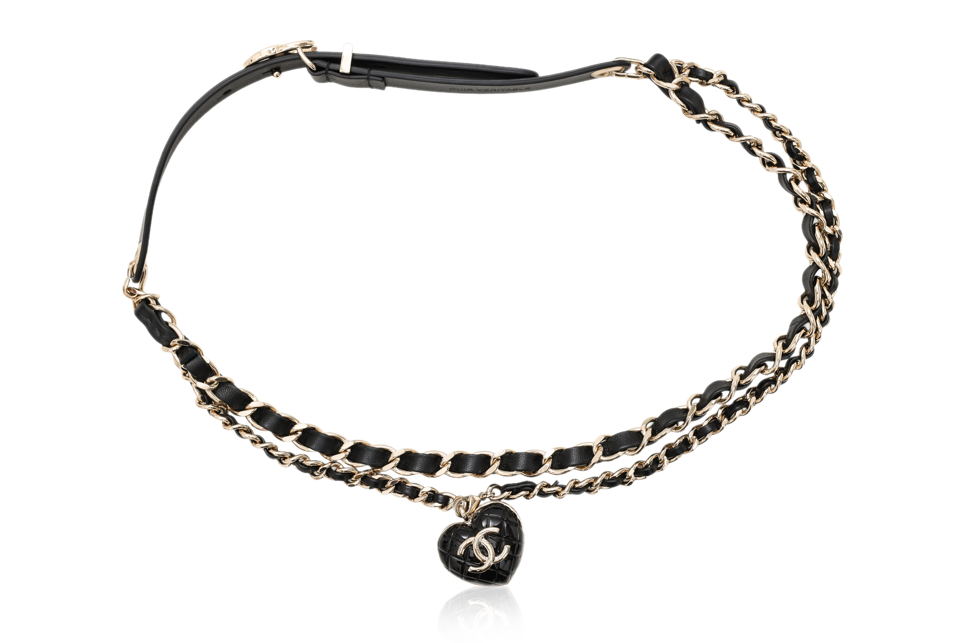 CHANEL CC HEART CHARM LEATHER-INTERWOVEN CHAIN BELT, 2022