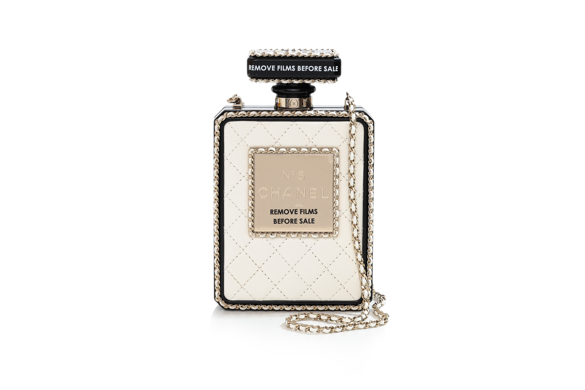 CHANEL RUNWAY PERFUME BOTTLE MINAUDIÈRE IN WHITE QUILTED LEATHER AND BLACK LUCITE, 2022