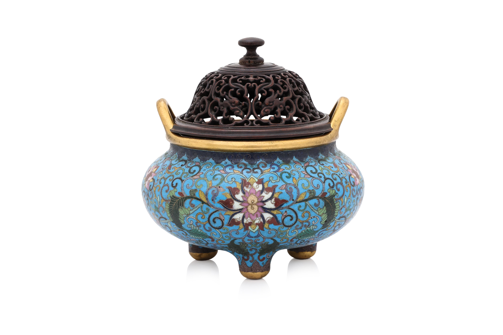 A CLOISONNÉ ENAMEL 'LOTUS' TRIPOD CENSER