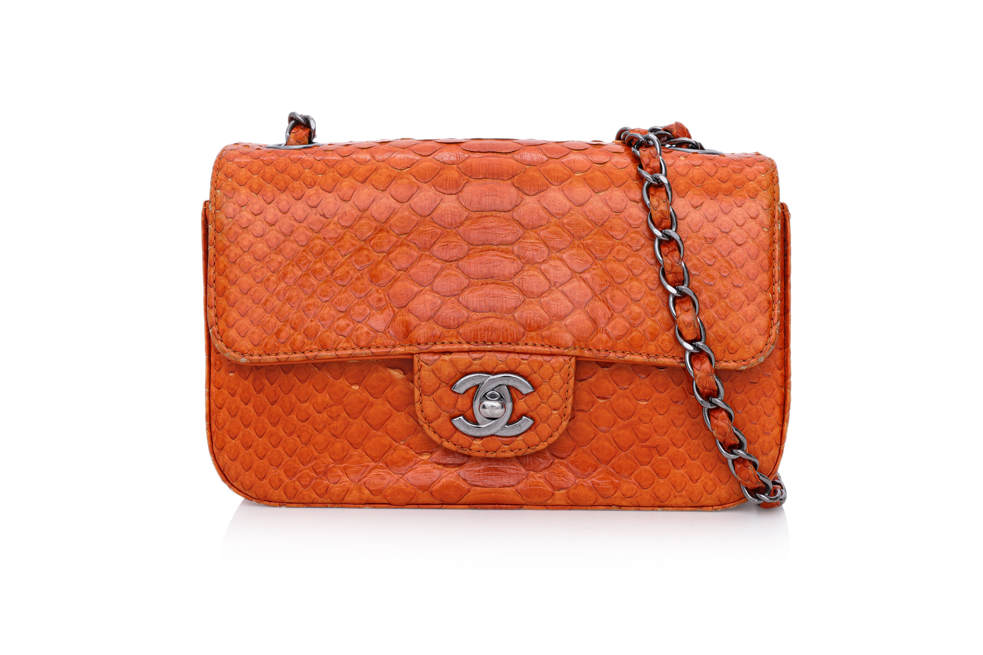 CHANEL MINI CLASSIC FLAP IN ORANGE PYTHON, 2014-2015 ✱