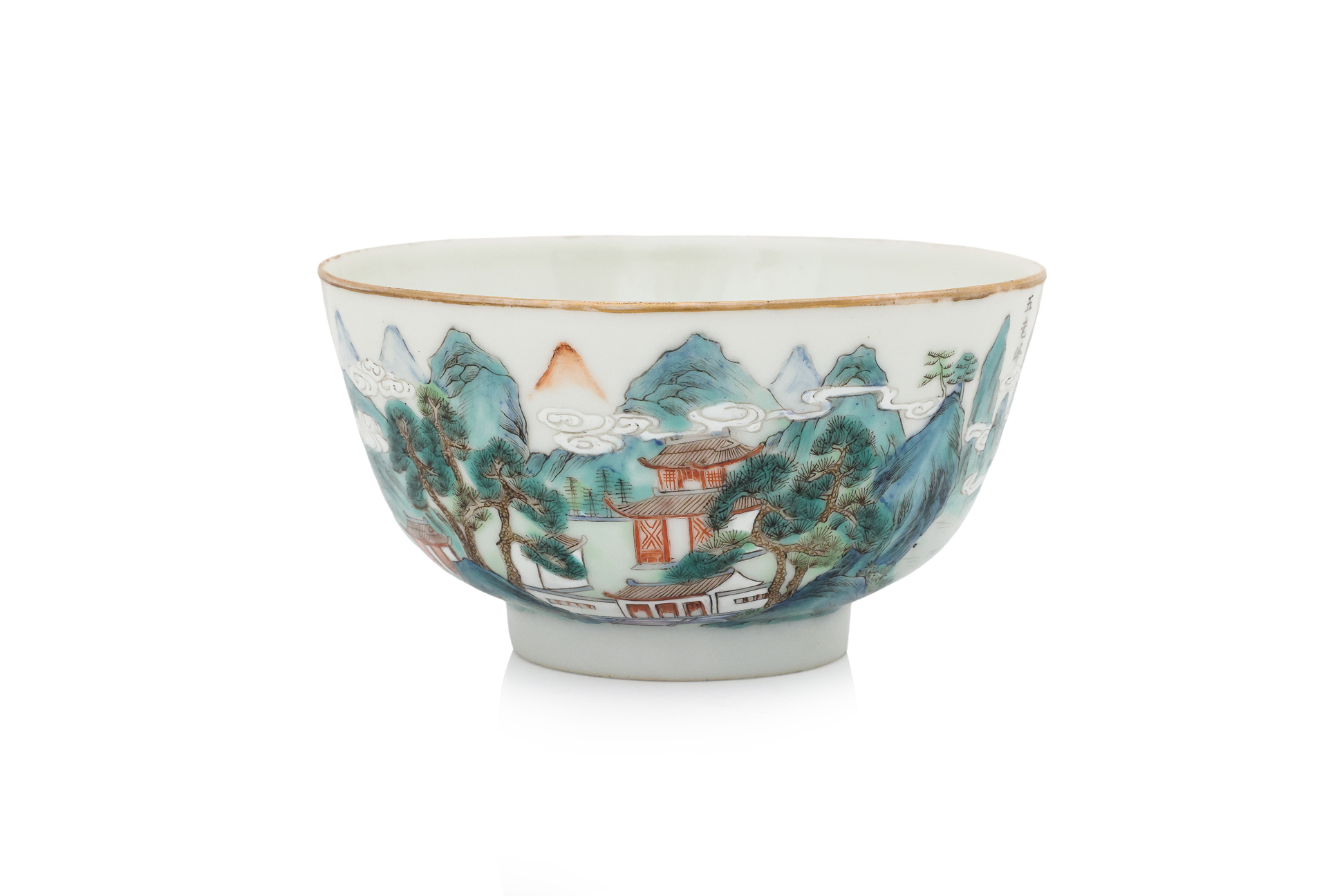 A FAMILLE ROSE BOWL WITH LANDSCAPE DECORATION