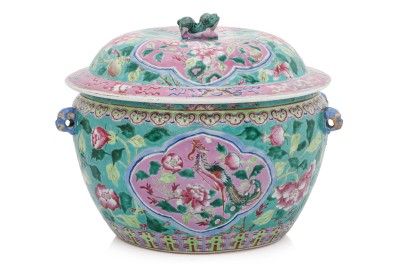 LOT 86 - A LARGE FAMILLE ROSE TURQUOISE-GROUND PHOENIX AND PEONY KAMCHENG.jpg