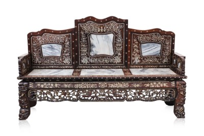 LOT 11 - A MARBLE INSET BLACKWOOD BENCH WITH FINE MOTHER OF PEARL INLAY.jpg