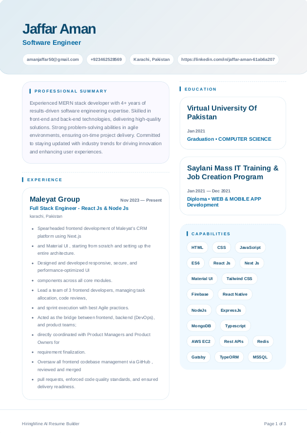 HiringMine resume builder preview