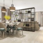 compressed 3d rendering loft luxury living room with shelf near dining table
