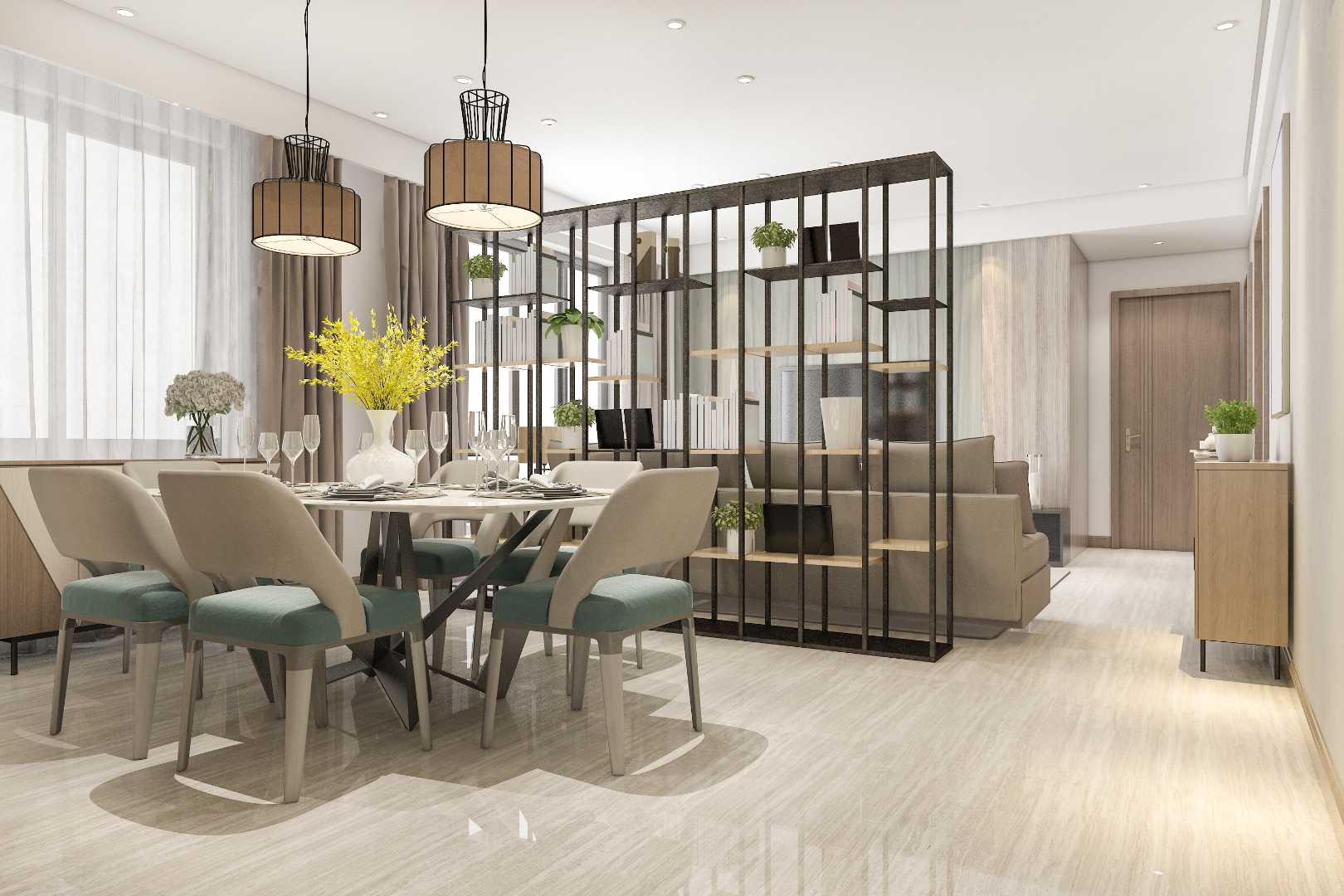 compressed 3d rendering loft luxury living room with shelf near dining table