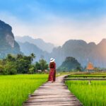 young woman walking wooden path with green rice field vang vieng laos scaled 1