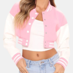 pink barbie wool cropped varsity jacket womens