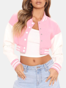 Pink Wool Cropped Varsity Jacket Women – A Perfect Blend of Sporty Charm and Modern Fashion 1 Pink Wool Cropped Varsity Jacket Women – A Perfect Blend of Sporty Charm and Modern Fashion