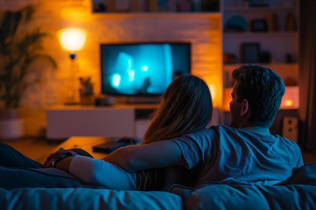 couple watching tv relaxing night sofa 1164774 2838