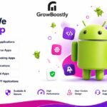 A futuristic app development marketing poster featuring a central 3D Android