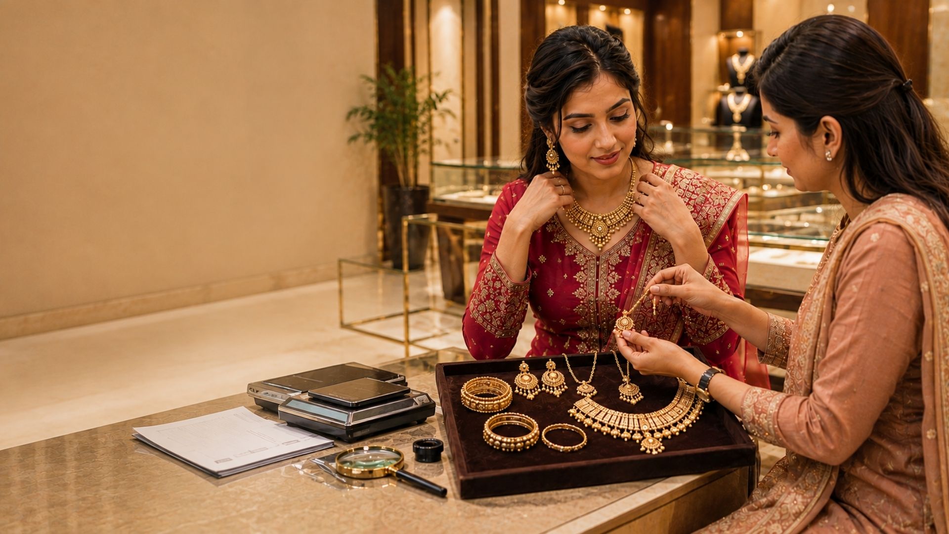 Indian woman comparing gold jewellery with a female consultant in a luxury jewellery showroom with a jewellery tray weighing scale and magnifying glass on the table
