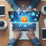 digital marketing and social media strategy concept hands typing on laptop surrounded by devices photo