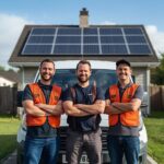 lucid origin A confident solar installation crew standing in front of a van with a completed 0 1