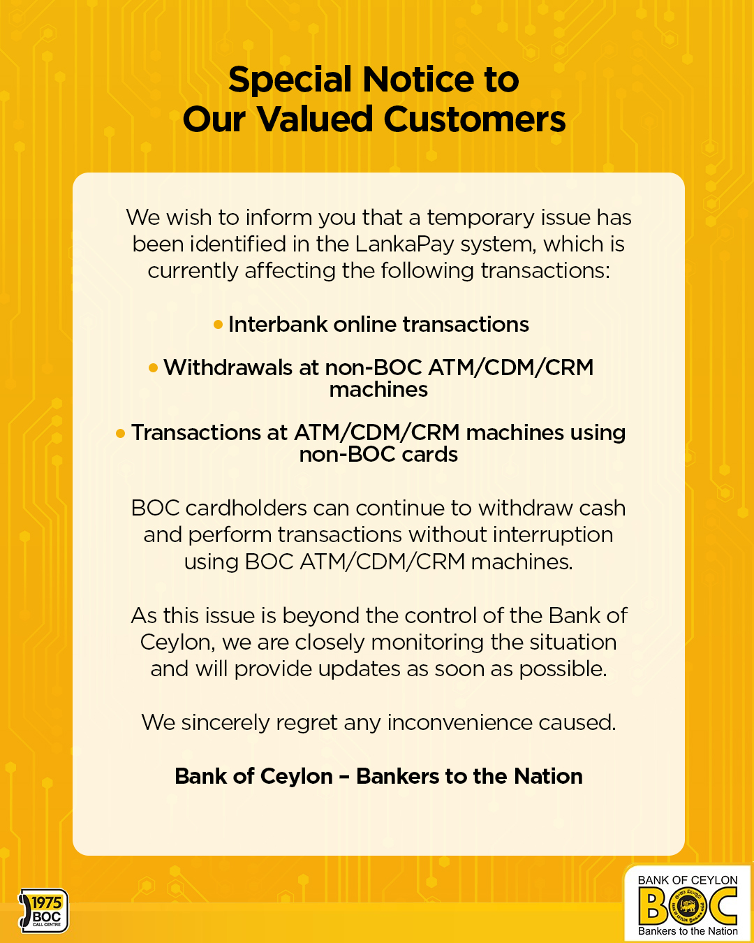 BOC Articles - Special Notice on LankaPay service disruption