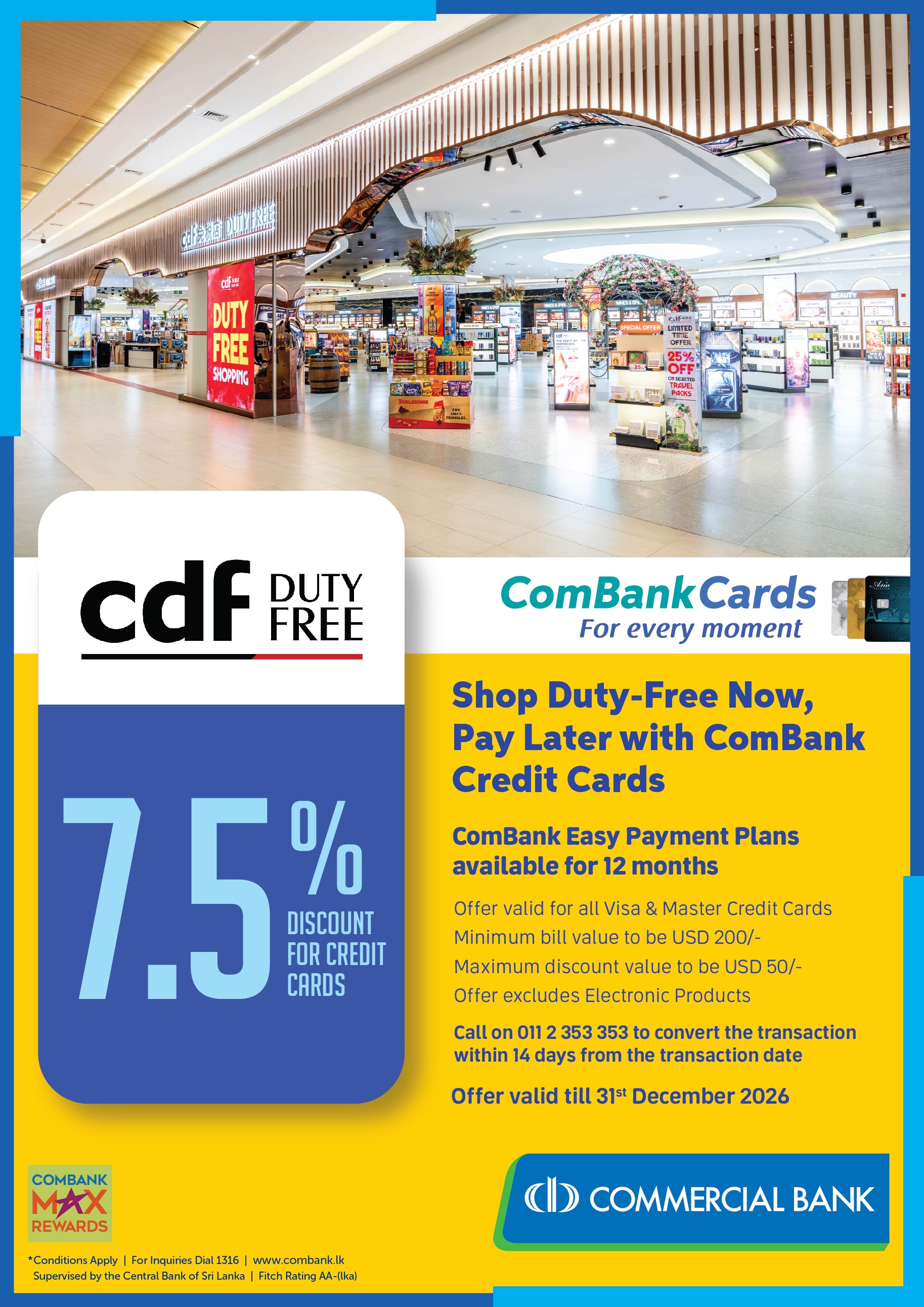 Shop Duty Free at 'CDF Duty Free' now and Pay later with ComBank Credit Cards – offer poster