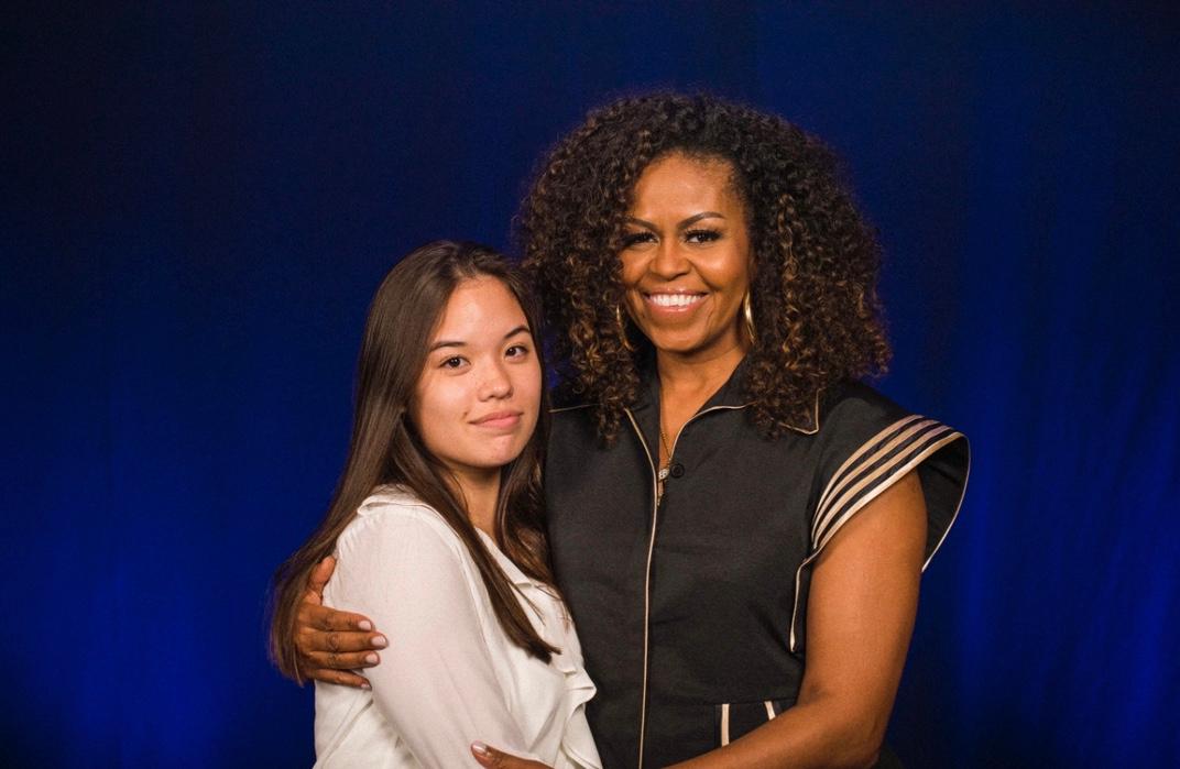 One World International School student with Michelle Obama in Singapore 2020