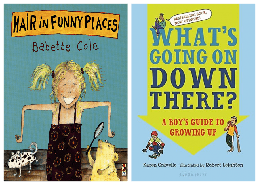 puberty books | Hair in Funny Places by Babette Cole and What’s Going on Down There? A Boy’s Guide to Growing Up by Karen Gravelle