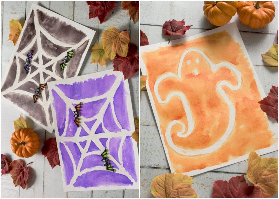 Halloween watercolour drawings using sugar | Halloween crafts for kids