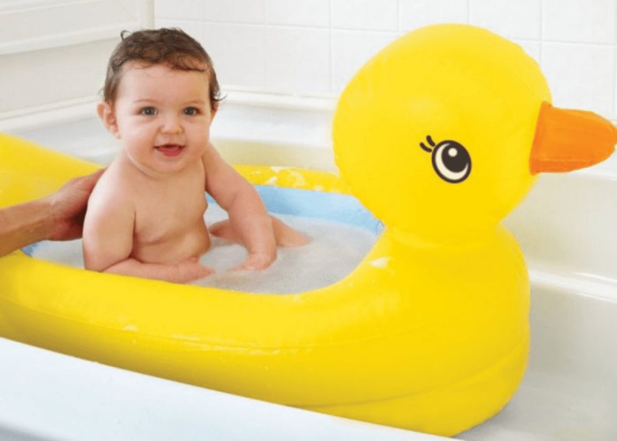 Low on storage space? Try an inflatable baby bath, such as this duck bath by Munchkin – it's big on fun factor.