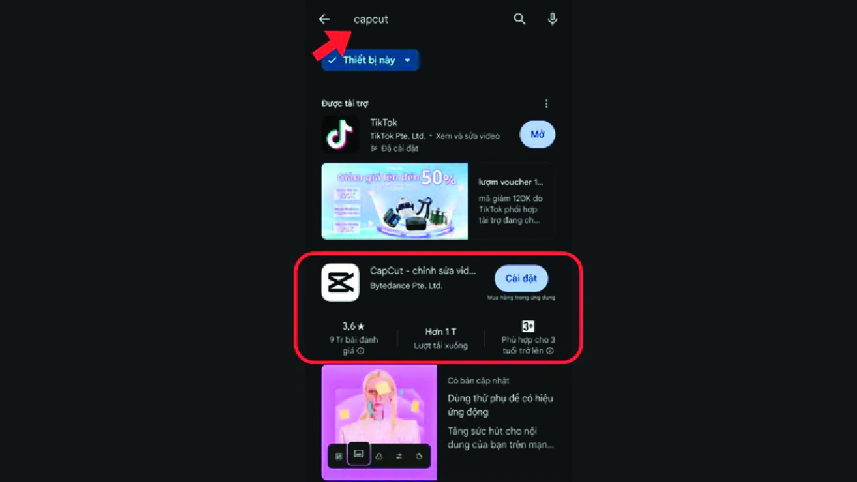 t&igrave;m kiếm ứng dụng capcut tr&ecirc;n google playstore