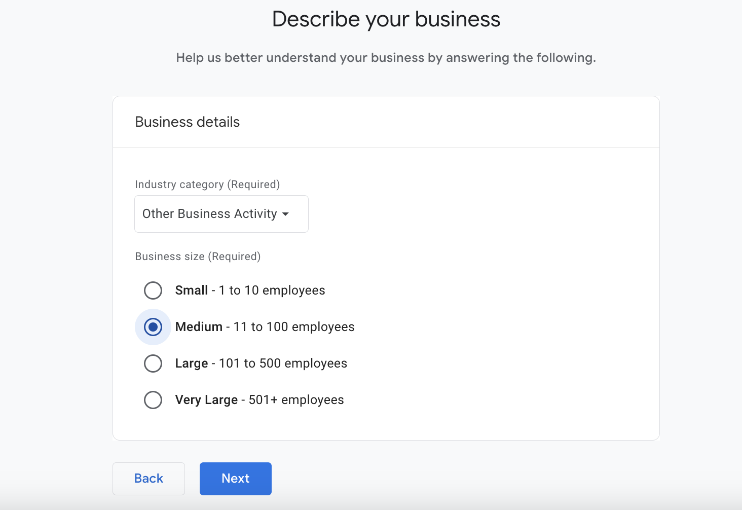 Danh mục ngành (Industry category): bạn kinh doanh lĩnh vực gì? Quy mô doanh nghiệp (Business size) 3