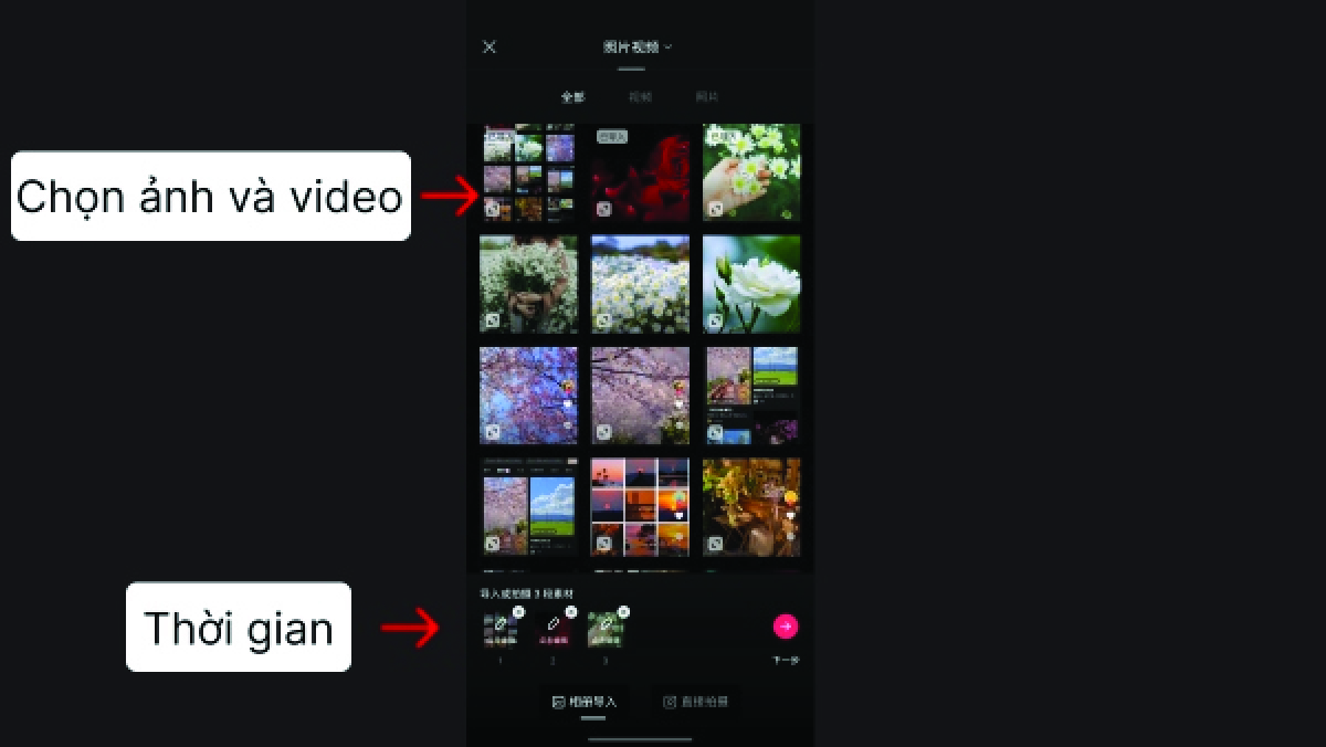 Hãy nhấn chọn ảnh và video để chèn vào từng ô