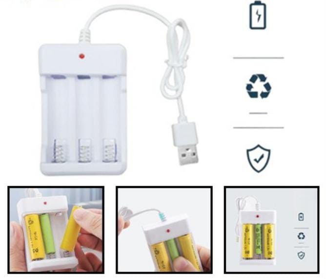 Desktop Charger Baterai Isi Ulang 3 Slot A2 A3 AA AAA Casan Kabel USB 1