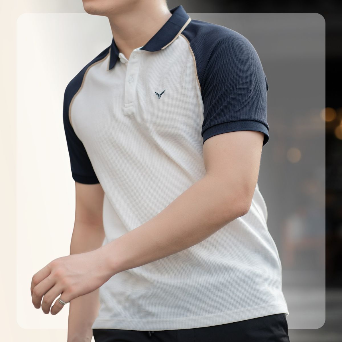 Áo Polo Waffle Raglan vải Waffle phối viền cổ, ráp vai tôn dáng - Trắng
