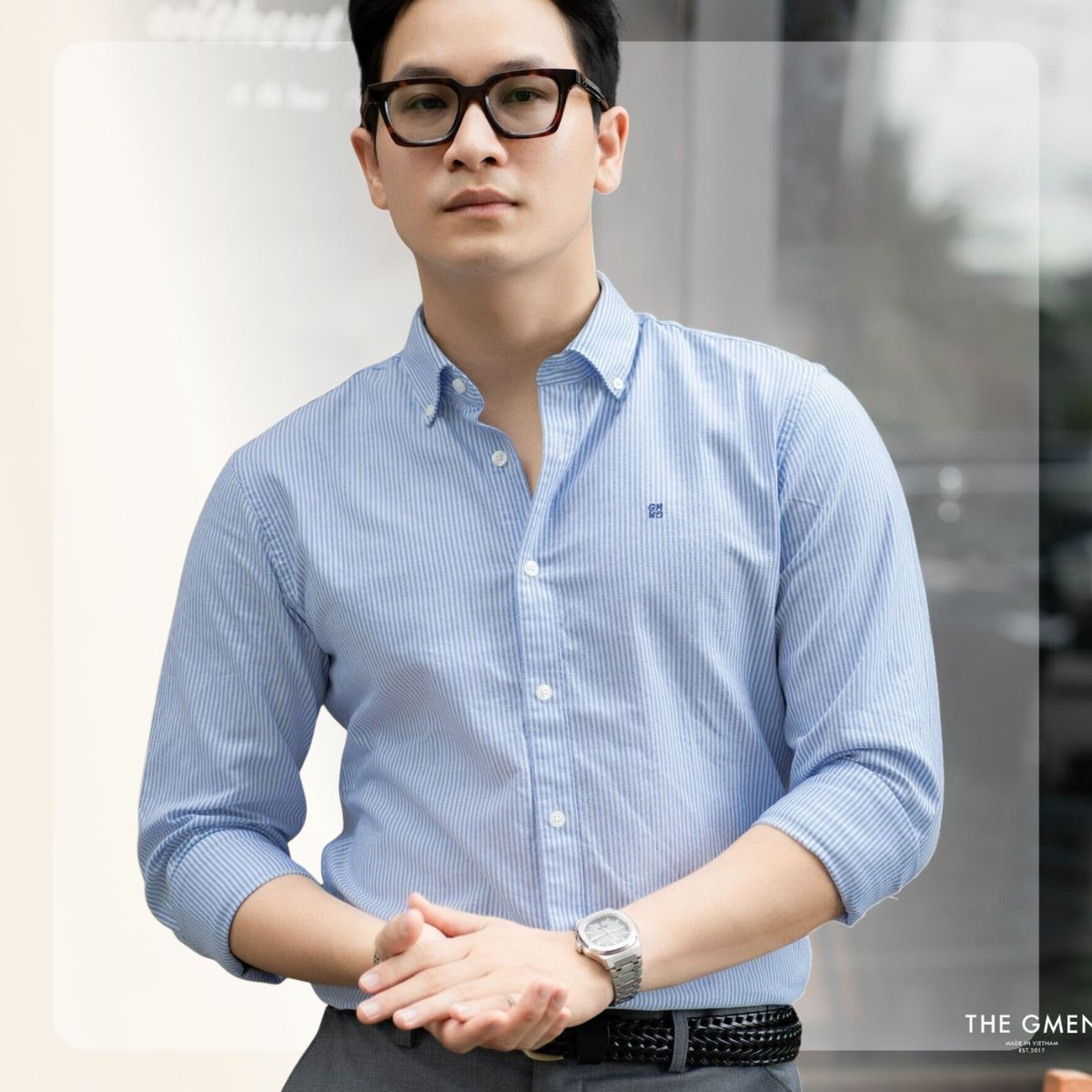 Áo sơ mi Oxford Shirts đứng form, thấm hút mồ hôi - Xanh kẻ đậm
