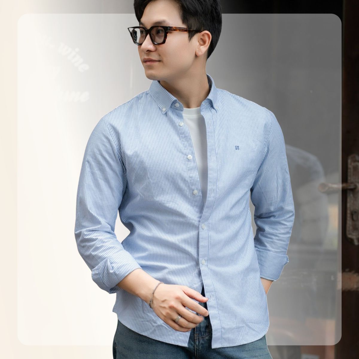 Áo sơ mi Oxford Shirts đứng form, thấm hút mồ hôi - Xanh kẻ nhạt