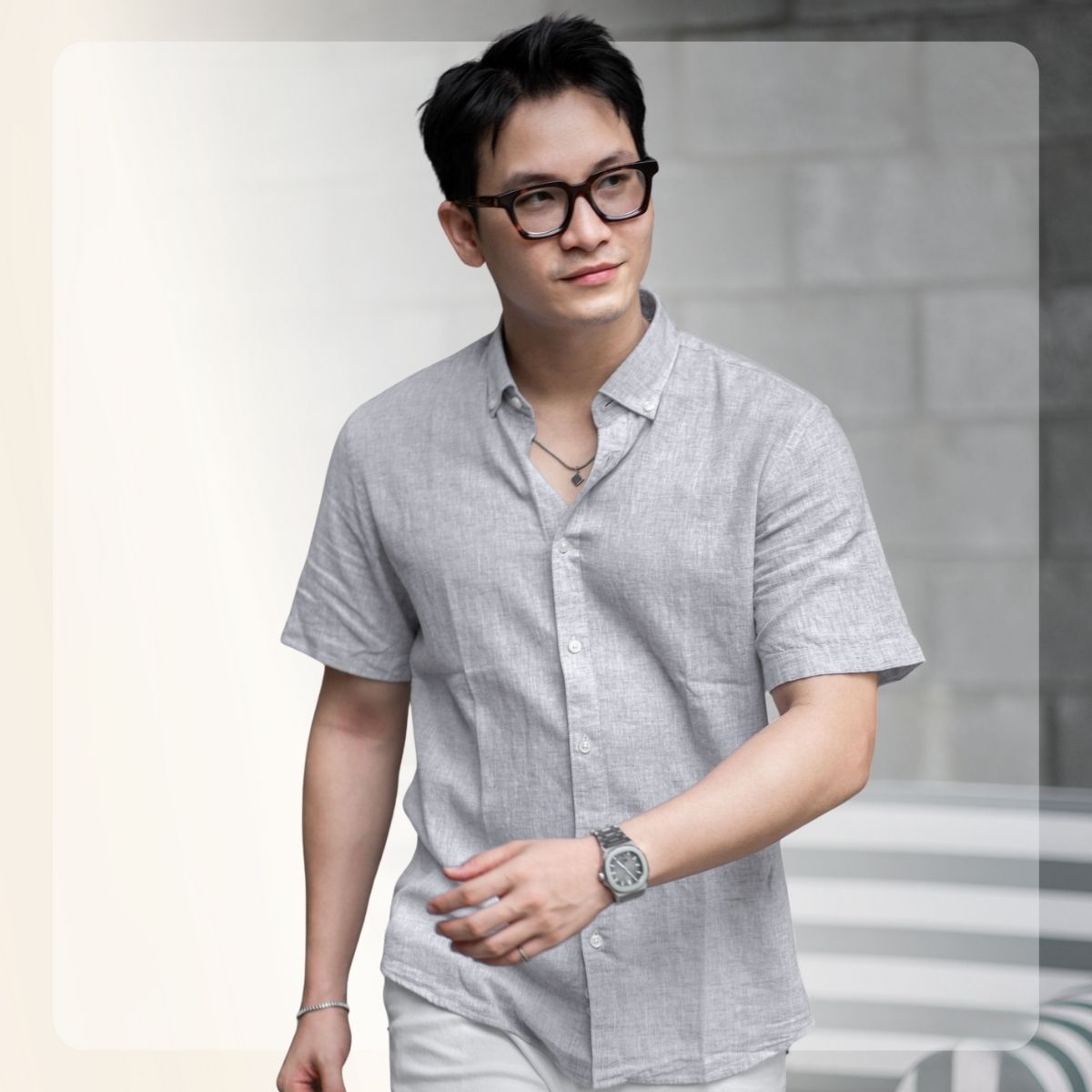 Áo sơ mi ngắn tay Linen SS Shirt form thoải mái - Xám
