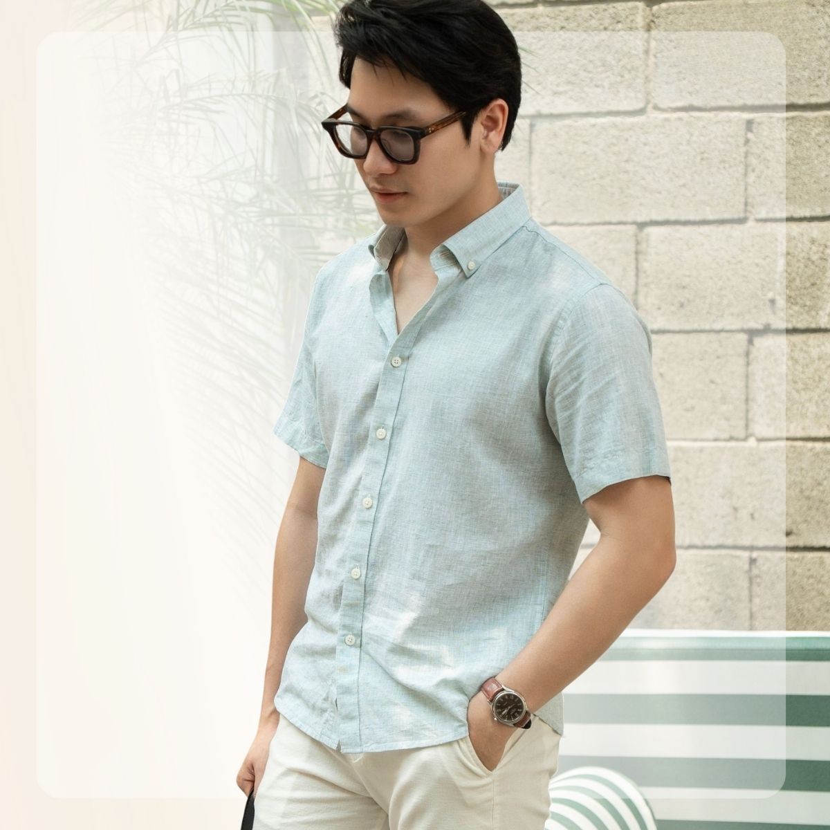 Áo Sơ mi nam ngắn tay Linen SS Shirt form thoải mái - Xanh nhạt