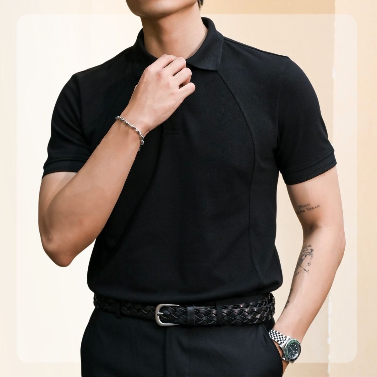 Áo Polo phối vai Raglan Polo form dáng basic tôn dáng ĐEN