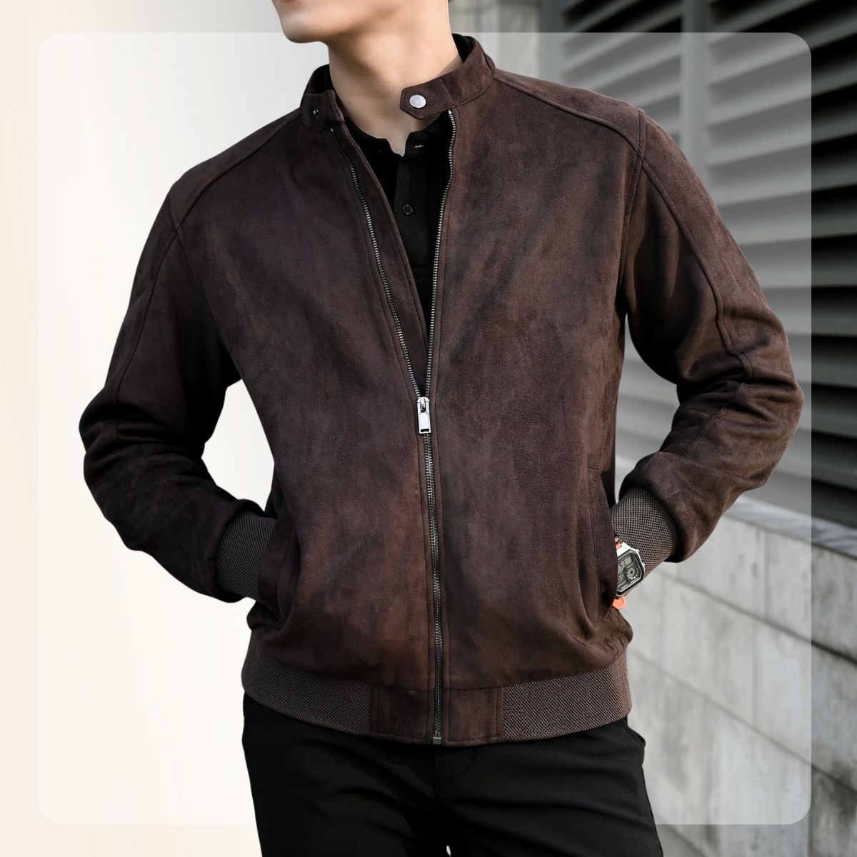 Áo khoác da lộn cổ trụ Biker F23 Racer Jacket form dáng cổ điển