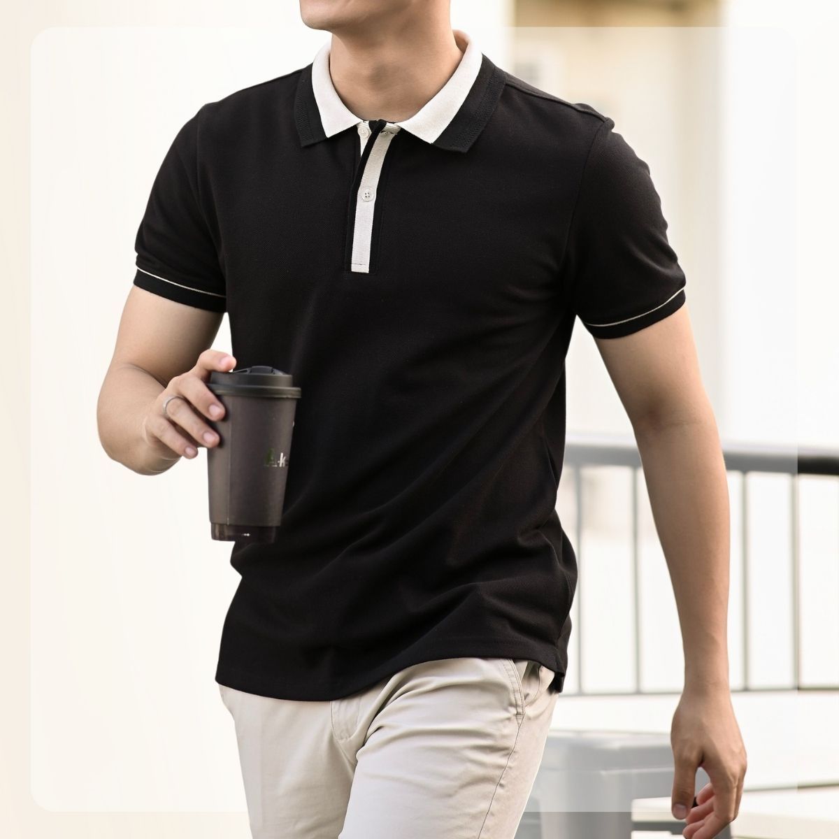 Áo polo nam phối trụ cổ basic Mid Polo Shirt - ĐEN