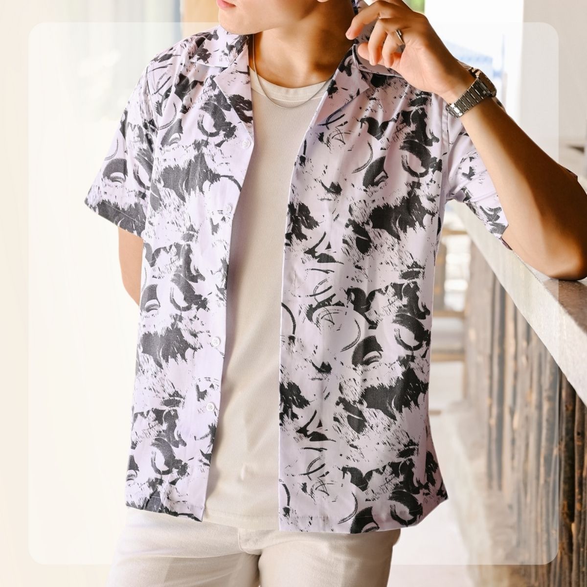 Áo sơ mi nam ngắn tay Printed Cuban Shirt form regular fit - ĐEN