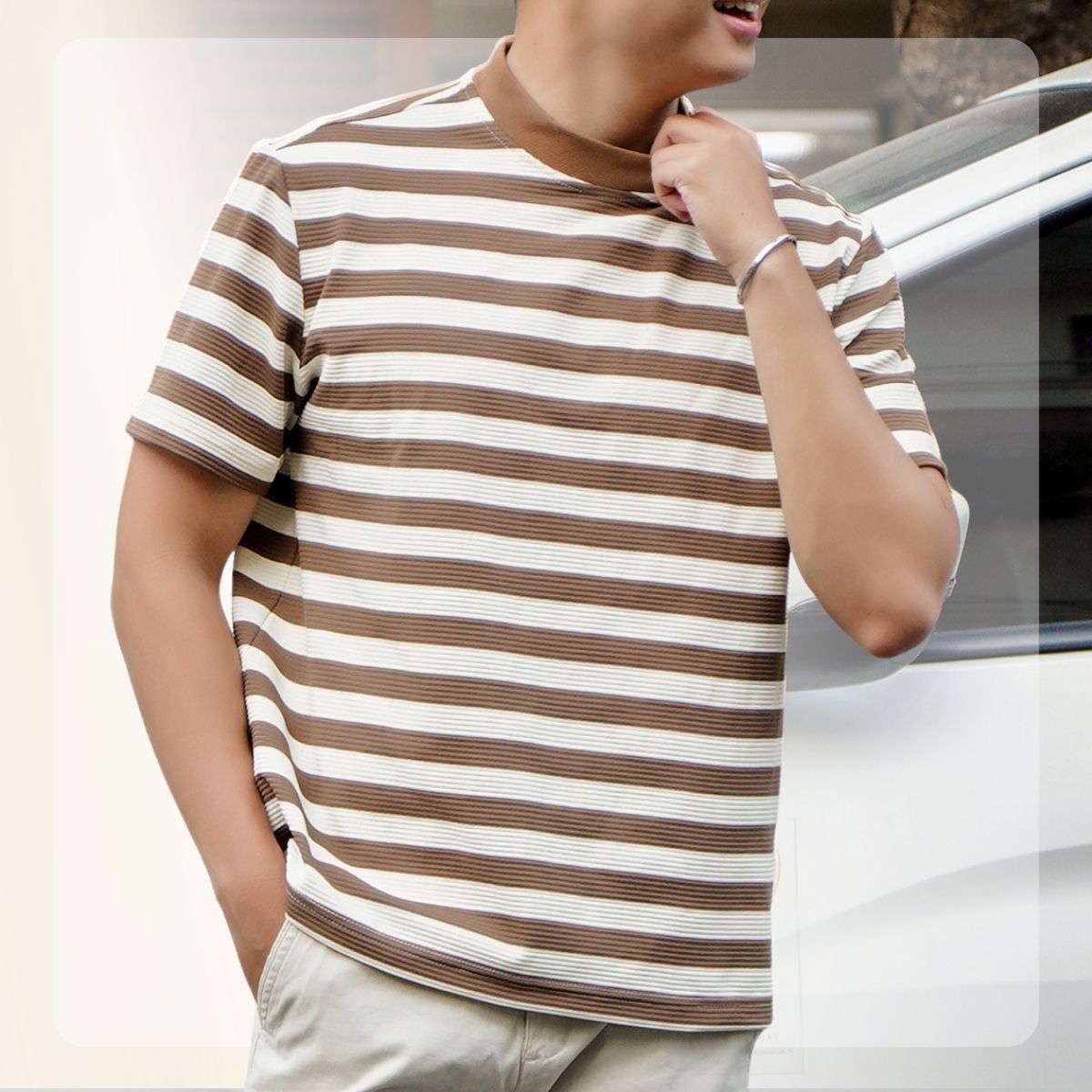 Áo thun nam kẻ sọc Striped Tee 100% Cotton, form Slimfit vừa vặn - Nâu