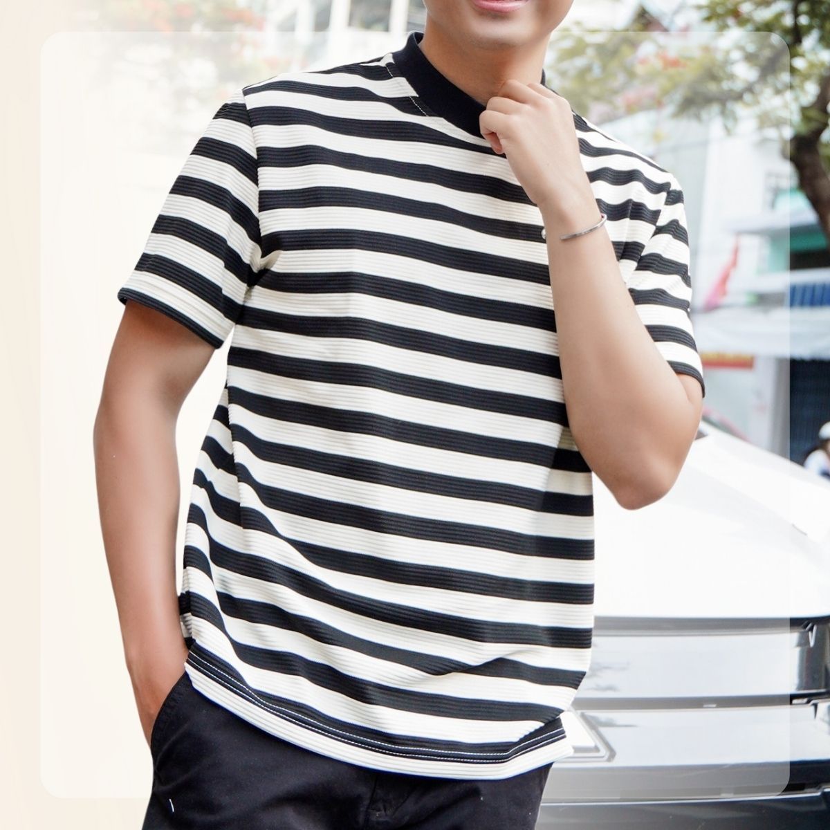 Áo thun nam kẻ sọc Striped Tee 100% Cotton, form Slimfit vừa vặn -  Đen