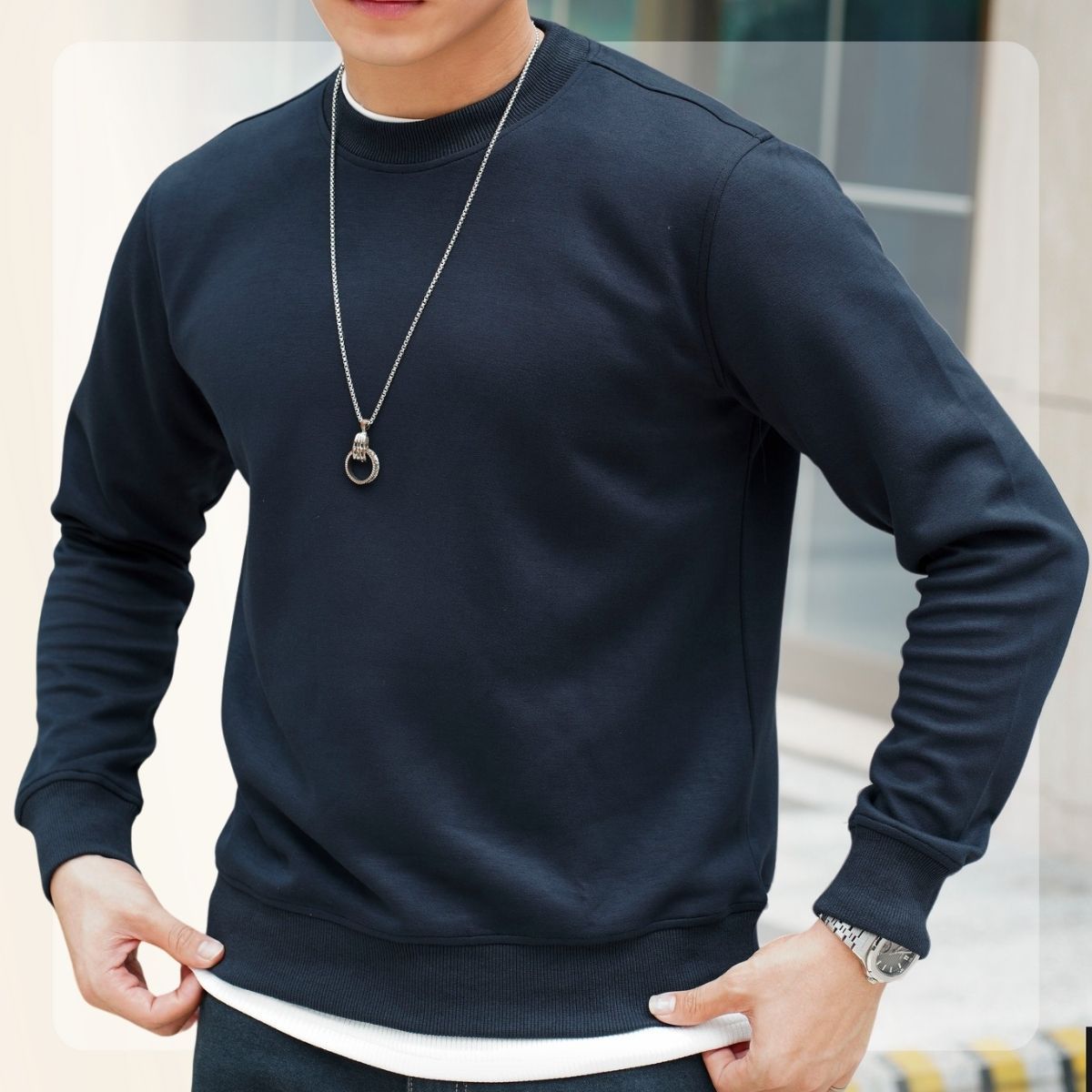 Áo Sweater nỉ form dáng slimfit F24 Basic Sweater - NAVY